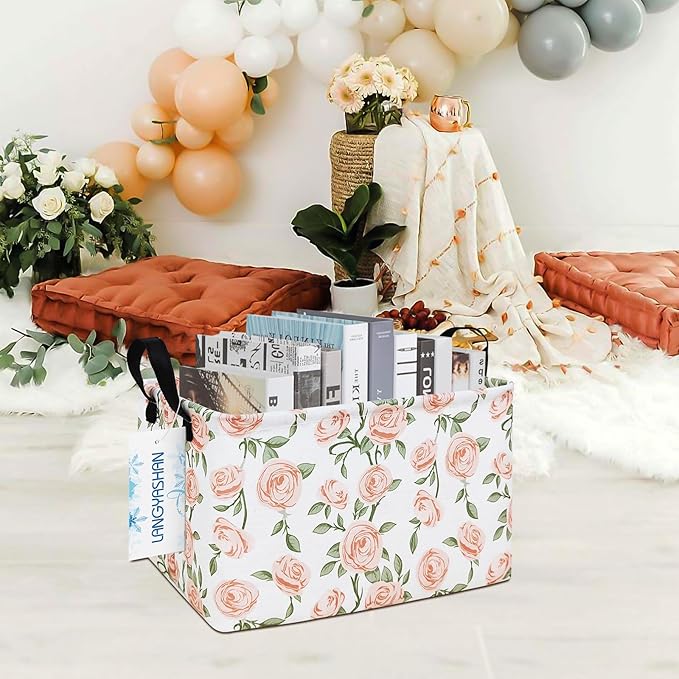 LANGYASHAN Rectangular Storage Bin Collapse Canvas Fabric Cartoon Storage Basket with Handles for Organizing Home Kitchen Boys and Girls Toys Office Closet Shelf Baskets (Rec Champagne Rose)-Ruum Studio Home