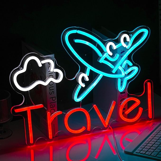 Travel Neon Sign USB Airplane LED Light Up Sign for Wall Decor Dimmable 12.2 * 16.5 In Go To Tranel Neon Light for Airport Travel Agency Bedroom(Ice Blue Red White)-Ruum Studio Home