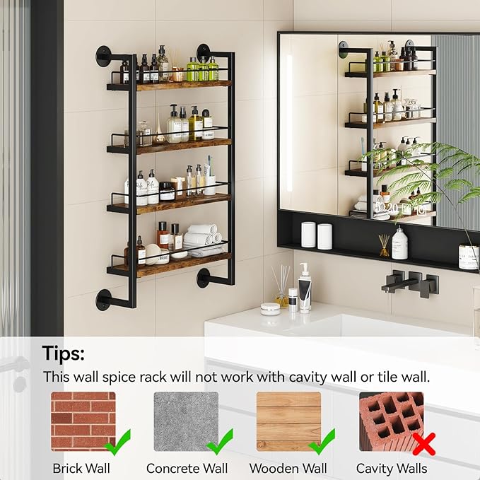 IBUYKE Spice Rack Wall Mount,4 Tier Hanging Seasoning Organizer,Large Spice Rack for Wall for up to 50 Jars,Spice Organization for Kitchen Cabinet,Bathroom,Pantry,Living Room,Brown TLJ016H-Ruum Studio Home