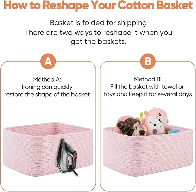 OIAHOMY 4 Pack 14.17*11.02*6.3IN Storage Baskets for Organizing Shelves, Woven Rope Baskets for Organizing Books, Clothes, Decorative Basket for Living Room, Nursery, Bedroom, Gift Basket, Pink-Ruum Studio Home