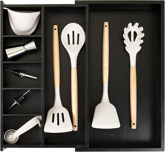 Adjustable Kitchen Drawer Organizer for Utensils and Junk, Food-Safe Contract Grade with 100% Sustainable Wood, Expandable from 10.5 to 19 Inches Wide - Black Bamboo-Ruum Studio Home