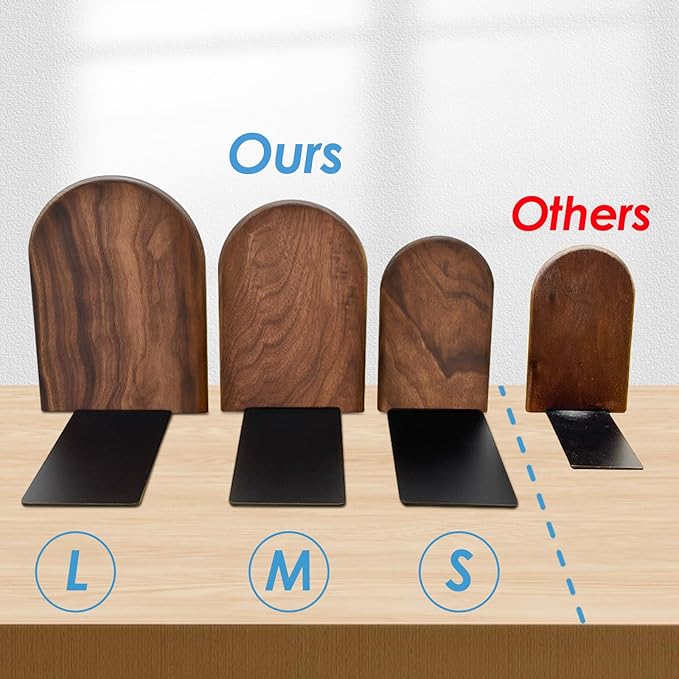Book Ends, Sturdy Wooden Bookends for Shelves - Heavy Duty Non-Slip Book Organizers, Decorative Bookend Holders for Home Office, Library, Black Walnut Universal Economy Bookend, Medium, 1 Pair-Ruum Studio Home