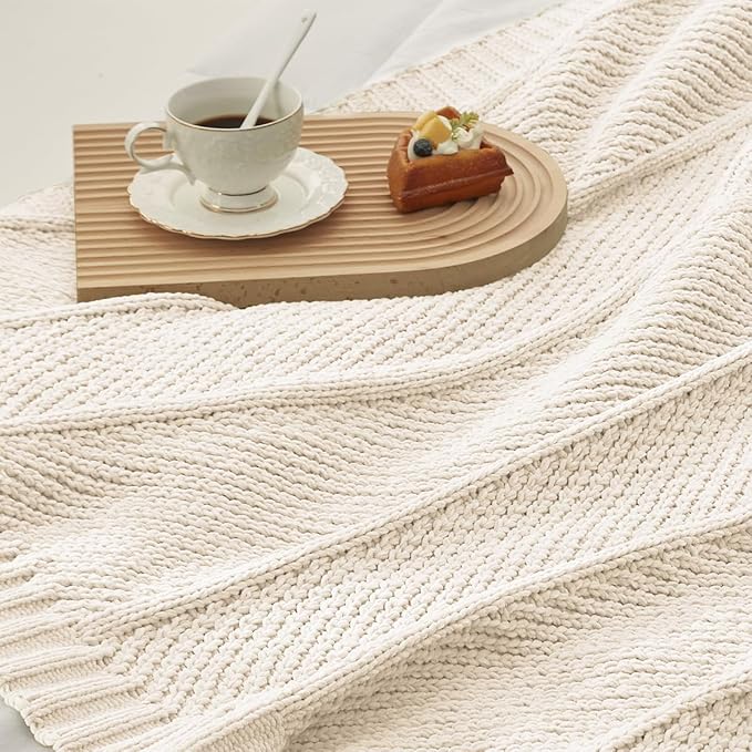 Amélie Home Chenille Knit Throw Blanket for Couch, Chevron Texture Decorative Soft Blanket for Sofa, Bed & Chair, 60"x80", Ivory-Ruum Studio Home