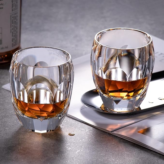 KAMMAK Crystal Whiskey Glasses Set of 2, Luxury 7.44oz Old Fashioned Glasses Stemless, Handcrafted Cocktail Glasses, Hand Blown Scotch Cup for Women, Men Gift for Bourbon Barware, Home Bar-Ruum Studio Home