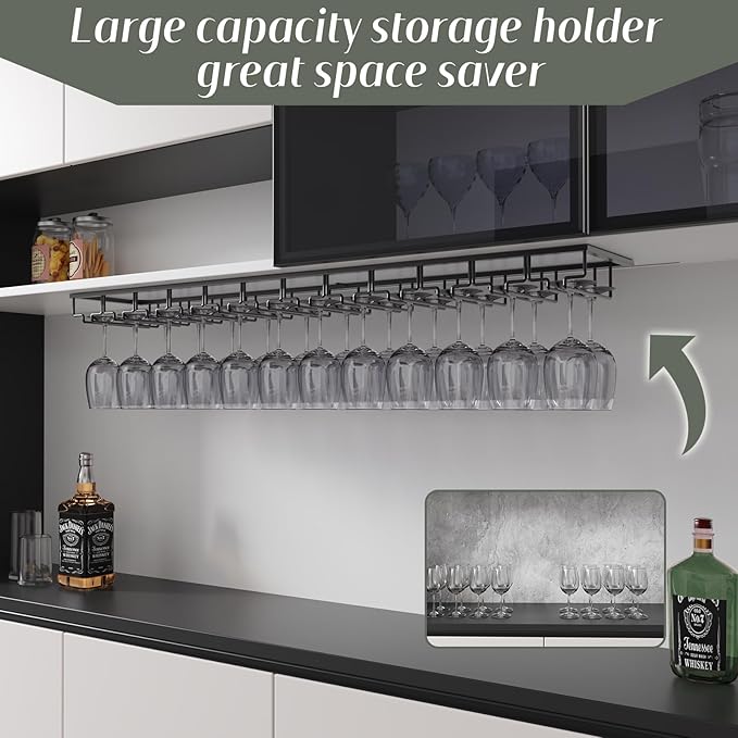 Xverycan Wine Glass Rack Under Cabinet, 12 Row Extreme Large Stemware Hanger, Metal Wine Goblet Holder, DIY Bar Glass Storage Rack for Bar Counter, Kitchen, Screws Included-Ruum Studio Home