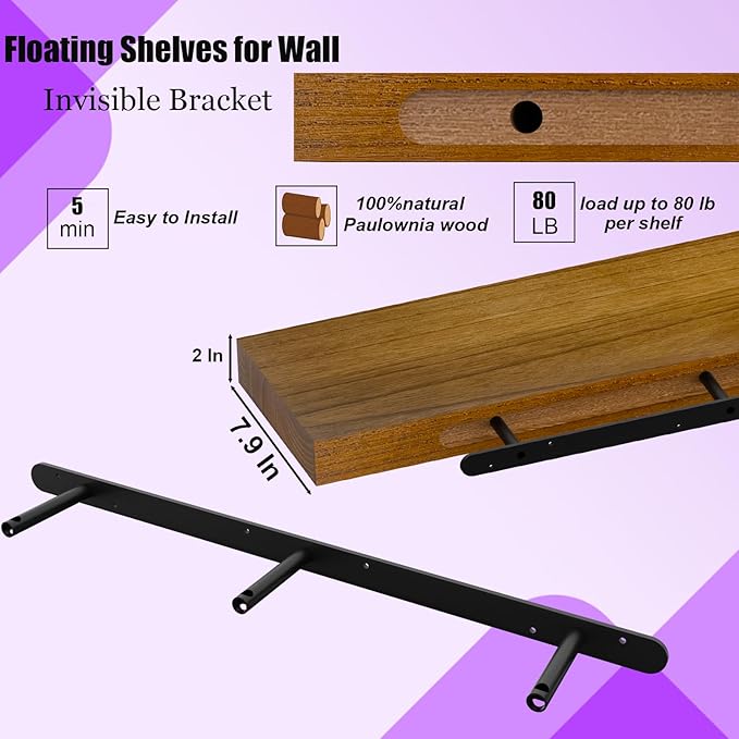 IAE Walnut Floating Wall Shelves 72 inch, Bathroom Shelves Wall Mounted,Invisible Shelves Floating Kitchen Shelves,Wooden Wall Shelves with Brackets for Living Room Wall Mounted,Easy Install,Set of 2-Ruum Studio Home