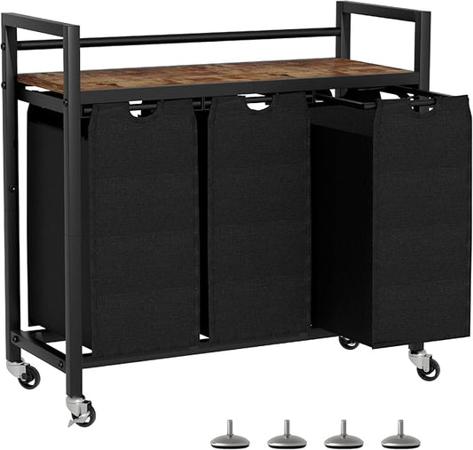 Laundry Hamper, Laundry Basket, Laundry Sorter with 3 Removable Bags, Clothes Basket with 3 Compartments, Wheels, Shelf for Laundry Room Bathroom Bedroom (3 Bags-Black)-Ruum Studio Home