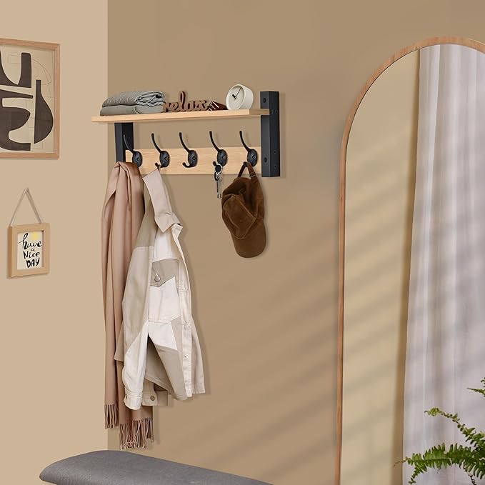 Sorbus Coat Hooks Wall Mount with Shelf – 24 Inch Coat Rack Wall Mount with 5 Heavy Duty Hooks – Floating Wall Shelf with Hooks for Entryway, Bathroom, Bedroom, Kitchen, or Mudroom (Maple Wood)-Ruum Studio Home