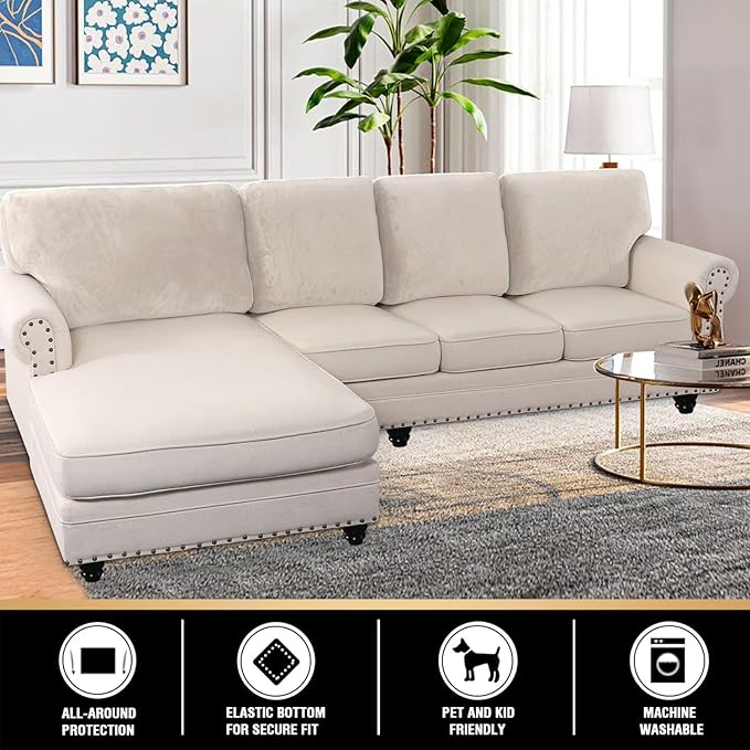 PrinceDeco Sectional Couch Covers Velvet Cushion Covers for Sectional Couch Washable Cushion Covers for Sectional Sofa Pet Friendly Sectional Sofa Slipcovers(1 Chaise Back+ 3 Sofa Back,Ivory)-Ruum Studio Home