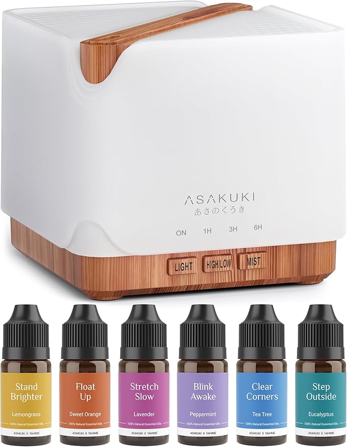ASAKUKI Essential Oil Diffuser 700ml, Ultrasonic Aromatherapy Humidifier with Top 6 Essential Oils Set, 7 LED Colors, Timer & Auto-Off, Large Room Diffuser-Ruum Studio Home
