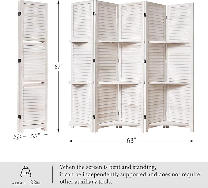 Partition Room Dividers, Folding Wood Privacy Screen with Three Display Shelves Suitable for Home Office, Study, Art Display - 5 Panel, 67 * 64inch (White-Washed)-Ruum Studio Home