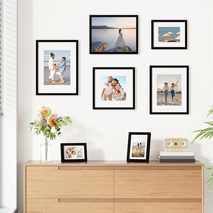 Vittanly 8.5x11 Picture Frames Set of 9, Shatter Resistant Plexiglass, Display 6x8 Pictures with Mat or 8.5x11 without Mat, Photo Frames for Wall or Tabletop, Engineered Wood, Black-Ruum Studio Home