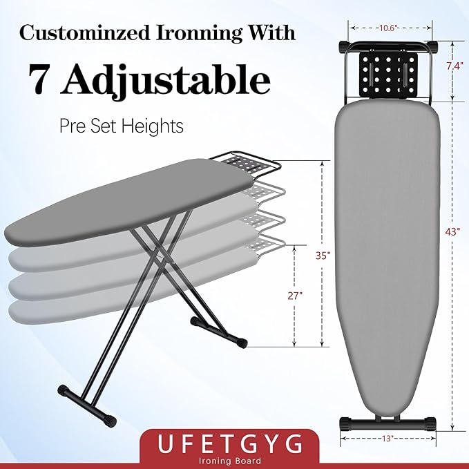 Ironing Board,13" X 43" W/with Iron Rest | Full Metal Construction| Height Adjustable | Heat & Scorch Resistant Fabric | Heavy Duty| Easy to Fold | Anti-Skid Feet |Grey-Ruum Studio Home