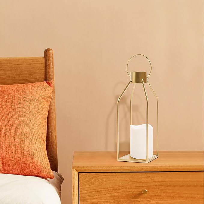 HPC Decor Modern Farmhouse Lantern Decor- Gold Metal Candle Lanterns for Christmas- Lanterns Decorative w/Timer Flickering Candles for Living Room, Home, Indoor, Outdoor, Table,Fireplace Mantle Decor-Ruum Studio Home