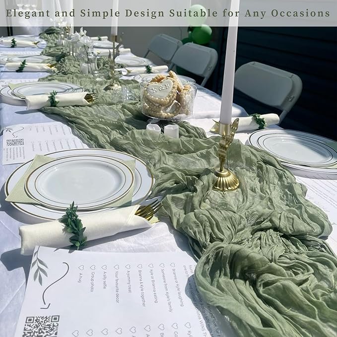 12 Pack Sage Green Cheesecloth Table Runner 10FT Rustic Gauze Fabric Cheese Cloth Table Runner for Wedding Bridal Baby Shower Table Decor 20 x 120 Inch Long Boho Sheer Birthday Party Table Decorations-Ruum Studio Home