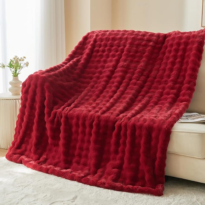 NEWCOSPLAY Faux Fur Throw Blanket Red Bubble Blanket Thick Warm Soft for Couch Sofa Bed 550GSM (Red, Throw(50"x60"))-Ruum Studio Home