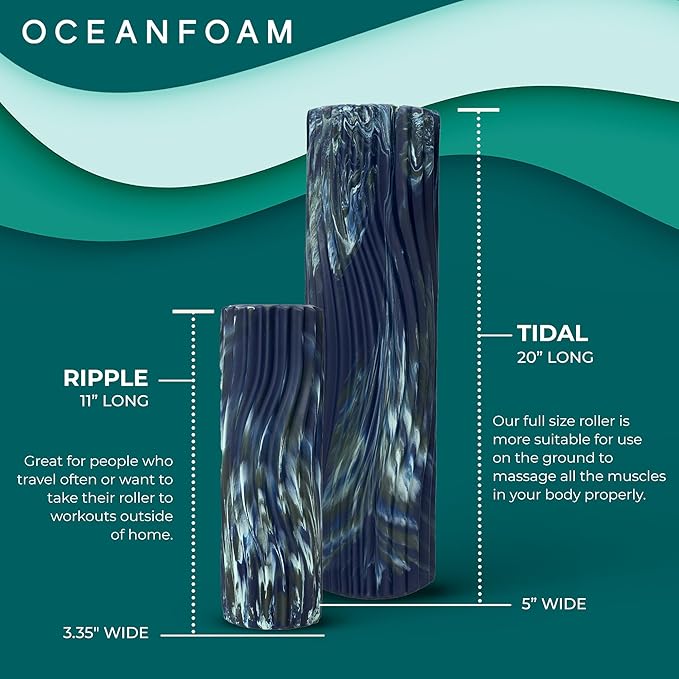 Oceanfoam Tidal Roller - Dark Navy, Hunter & Seafoam Marbled - Muscle Massage Foam Roller for Back Pain & Stretching - Firm & Ergonomic Wide Wave Textured - Yoga & Athletics - Full Size, 20" x 5"-Ruum Studio Home