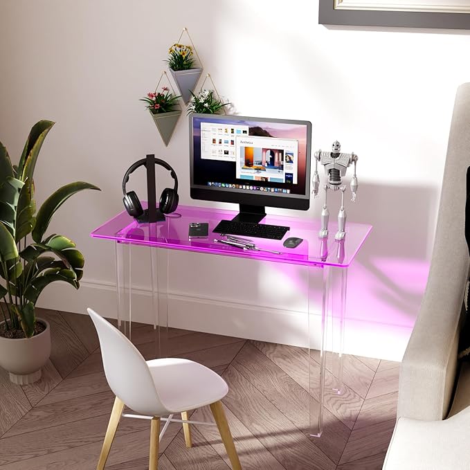 Acrylic Desk, Modern Study Table for HomeOffice-Extended Surface Multi-Purpose Console & EntrywayTable, Sturdy Lightweight Design（(42.5-inch, Pink)-Ruum Studio Home