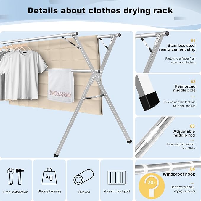 Sillars Clothes Drying Rack, 63 inches Laundry Drying Rack Clothing Foldable & Collapsible Stainless Steel Heavy Duty Clothing Drying Rack with Windproof Hooks for Indoor Outdoor-Ruum Studio Home
