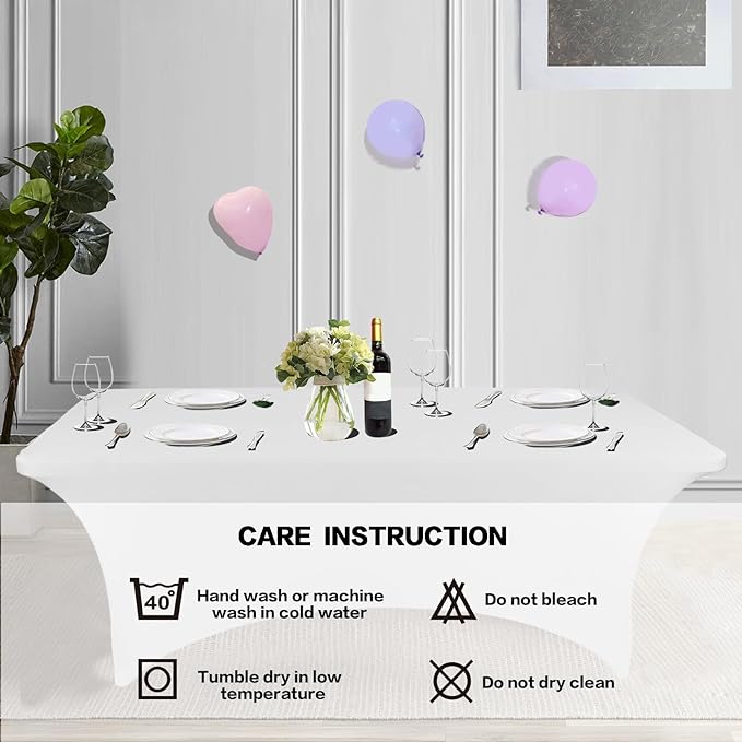 IVAPUPU 8FT Table Cloth for Rectangular Fitted Events Stretch White Table Covers Washable Spandex Spring Tablecloth Protector for Party, Wedding, Cocktail, Banquet, Festival-Ruum Studio Home