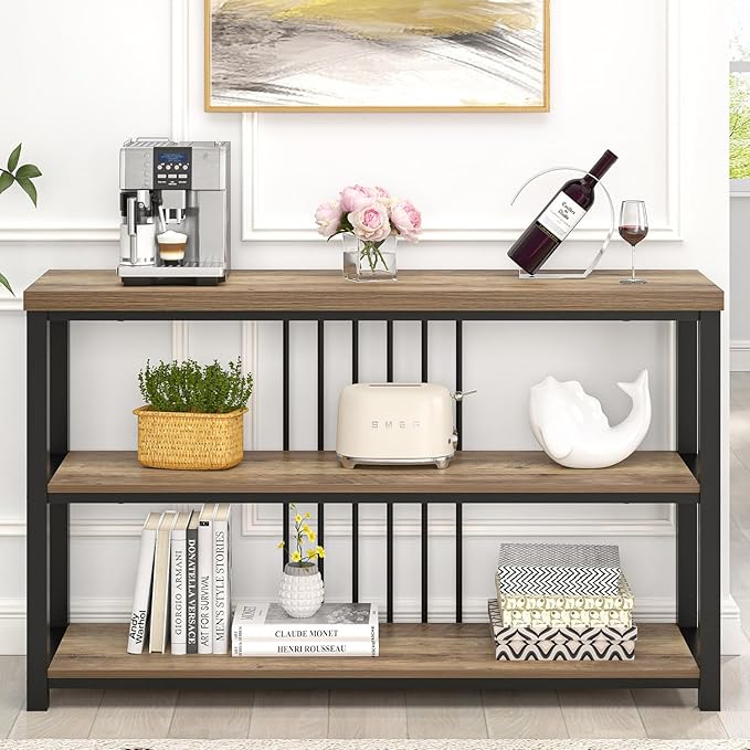 FOLUBAN Modern Sofa Table for Entryway, 3 Tier Narrow Console Table for Living Room Hallway Behind Couch, Rustic Oak-Ruum Studio Home