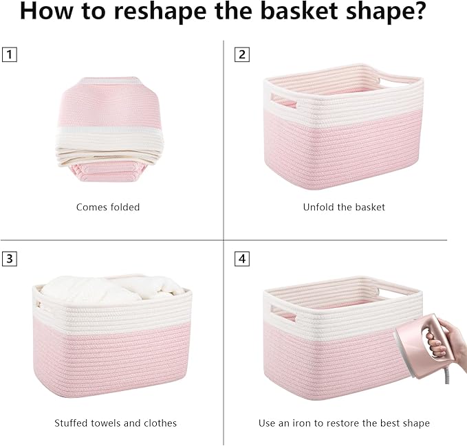 OIAHOMY 4 Pack Storage Baskets for Organizing, Basket for Shelves with Handle, Woven Baskets for Storage Toys, Towels, Books, Cotton Rope Basket 13" L x 9 " W x 7.8 " H, Pink & White-Ruum Studio Home