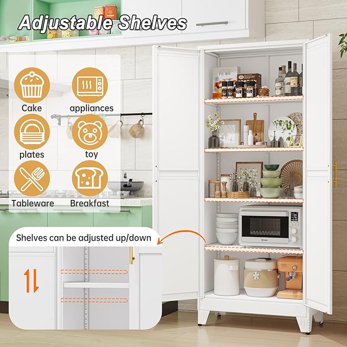 Metal Pantry Cabinet with 2 Doors and Adjustable Shelves - 71" Kitchen Storage Cabinet with Gold Handles - Versatile Storage for Kitchen, Bathroom, Dining Room, Utility Room - White-Ruum Studio Home