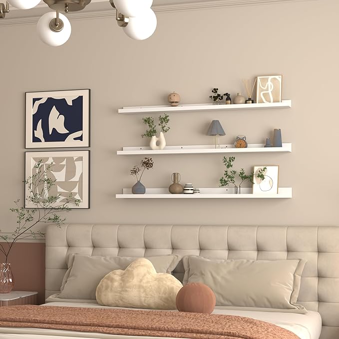 Giftgarden 47 Inch White Floating Shelves for Wall Mount, Modern Long Wood Wall Shelf Ledge for Bathroom Bedroom Living Room Kitchen Nursery Storage, Set of 3 Different Sizes-Ruum Studio Home