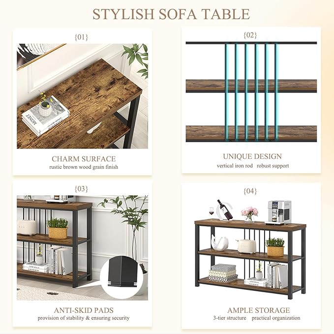 FOLUBAN Industrial Console Table, 3 Tier Entryway Table, Sofa Foyer Table for Living Room Hallway Behind Couch, Rustic Brown-Ruum Studio Home