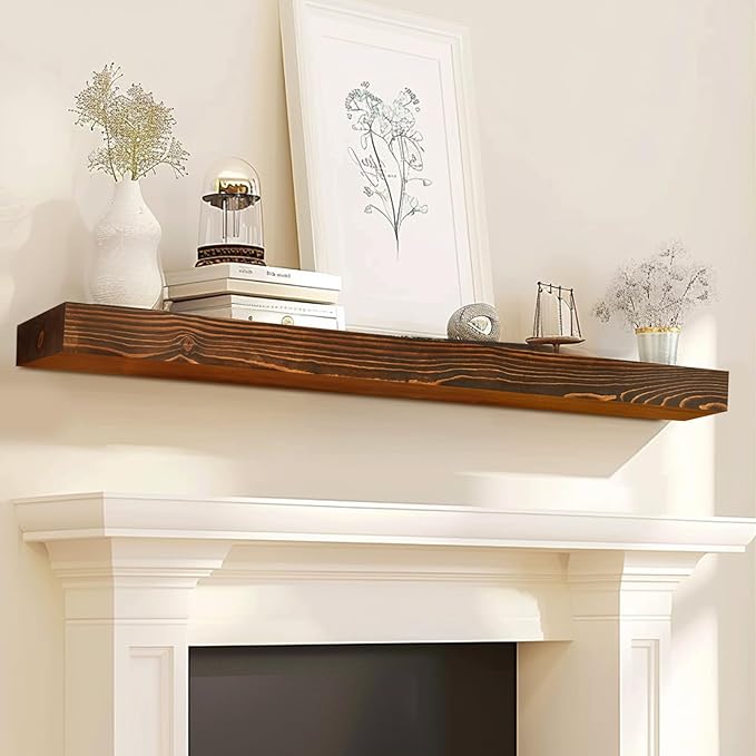 60x8x3 Fireplace Mantel - Solid Rustic Wood - Wall Mounted Floating Shelf with Invisible Heavy Duty Steel Bracket (Weathered Brown)-Ruum Studio Home
