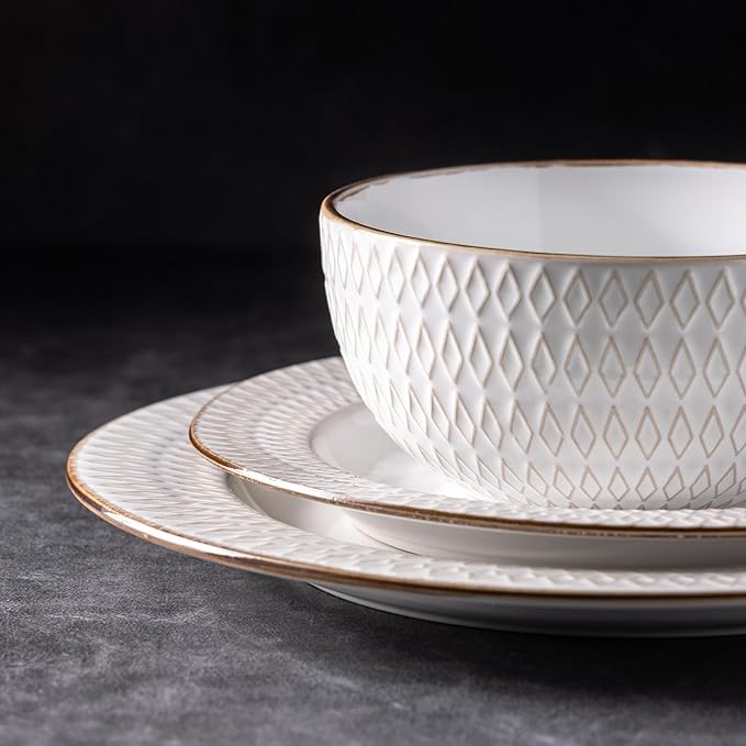 GBHOME Ceramic Dinnerware Sets, 24 pcs Embossed Elegant Stoneware Plates and Bowls Sets, Housewarming Wedding Gift | Dishwasher & Microwave Safe | Dishes Set Service for 8-Ruum Studio Home