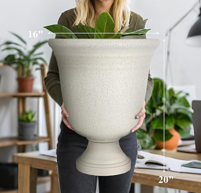 Worth Garden 2-Pack 19.5" H Plastic Urn Planters, Grayish White Large Lightweight Imitation Stone Textured Decorative Flower Plant Pots with Drainage Hole for Indoor Outdoor Patio Front Porch-Ruum Studio Home