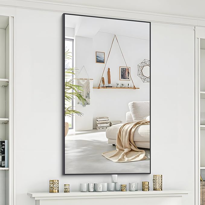 48x24In Black Bathroom Mirror for Wall, Rectangle Mirrors with Metal Frame, Bathroom Rectangular Mirror Modern Wall Mirror for Bedroom Living Room, Entryway Hangs Horizontal or Vertical-Ruum Studio Home