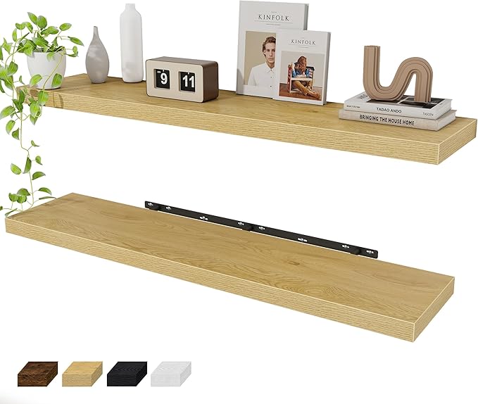 Floating Shelves Wall Shelf 48 Inch, 9.3 Inch Deep Floating Shelf for Wall, Farmhouse Black Wood Shelves Invisible Bracket for Living Room, Bedroom, Kitchen, 48 x 9.3 x 1.4 Inch, Set of 2, Oak Color-Ruum Studio Home
