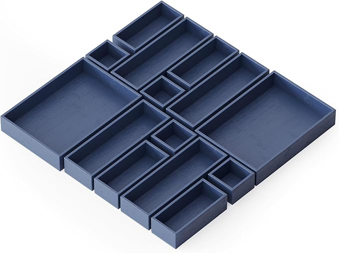 SpaceAid 14-Piece Bamboo Drawer Organizer Storage Boxes Set, Wood Tray Junk Drawer Organizers Multi-Use Divider Bins for Kitchen, Bathroom, Office Desk and Makeup Organization (14 Pack, Navy Blue)-Ruum Studio Home