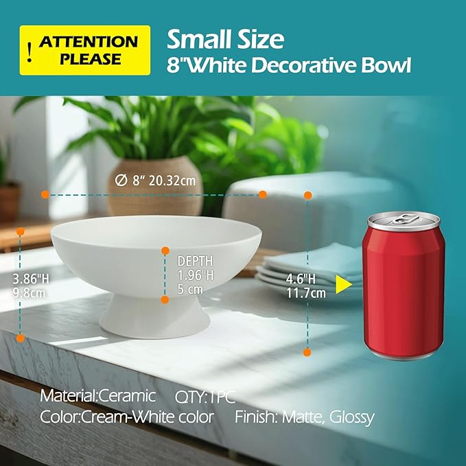 White Pedestal Decorative Bowl - 8" Minimalist Decorative Fruit Bowl for Kitchen Counter, Entryway,Multi-Purpose Centerpiece bowl for Bread, Snacks, Candy, Perfect for Housewarming &Wedding Gift-Ruum Studio Home