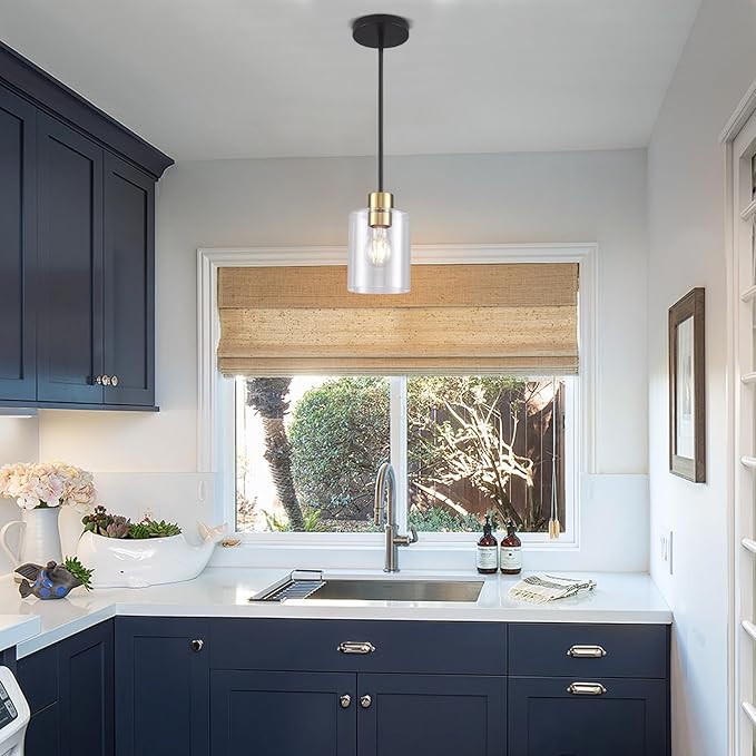 Black Brass Pendant Lights Kitchen Island - Clear Glass Pendant Light Fixture Multiple Stems Rods 3 Units 12 Inch 3 Units 4 Inch (3 Pack Black Brass Downrod)-Ruum Studio Home