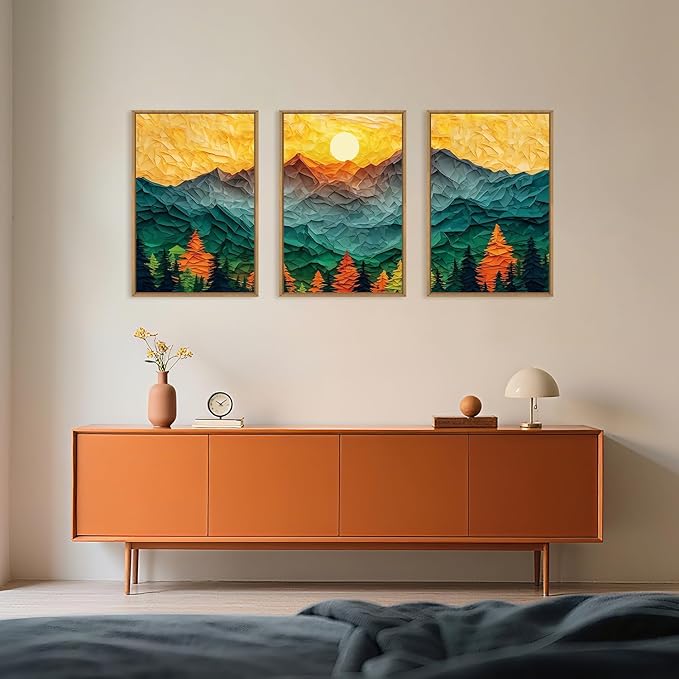 Celestdeco Abstract Mountain Framed Canvas Wall Art Set, Forest Pine Tree Golden Sunset Wall Decor, Mixed Patchwork Landscape Art Print for Living Room, Bedroom, Dining Room, Office - 24"x36"x3-Ruum Studio Home