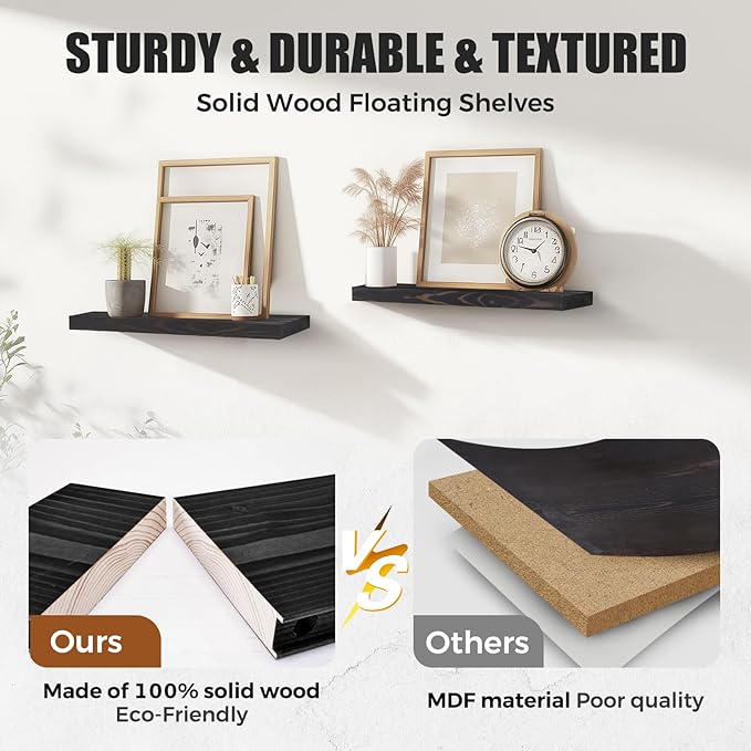 Floating Wall Shelves - 16"x6.8"x1.2" Sturdy Rustic Black Solid Wood Shelves for Storage and Décor, Easy Installation for Living Room, Bedroom, and Kitchen - 2 Pack-Ruum Studio Home