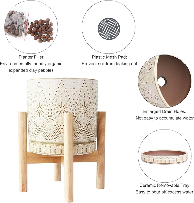 8 Inch Plant Pot with Stand, Ceramic Planter with Drainage Holes, Saucers and Mesh Pads for Indoor-Outdoor Plants-Ruum Studio Home