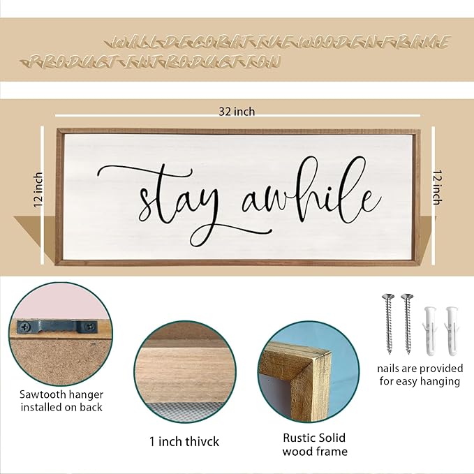 Stay Awhile Sign Wall Decor 32"X12" Large Living Room Entryway Wood Framed Rustic Wall Decor for Vintage Farmhouse Foyer Hanging Lets Stay Home Wall Art (Wood)-Ruum Studio Home