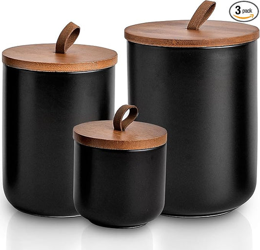 Black Ceramic Canister Set with Bamboo Lids, 3-Piece Airtight Food Storage Jars for Kitchen - Flour, Sugar, Coffee, Tea, Spice - Small, Medium, Large Sizes-Ruum Studio Home