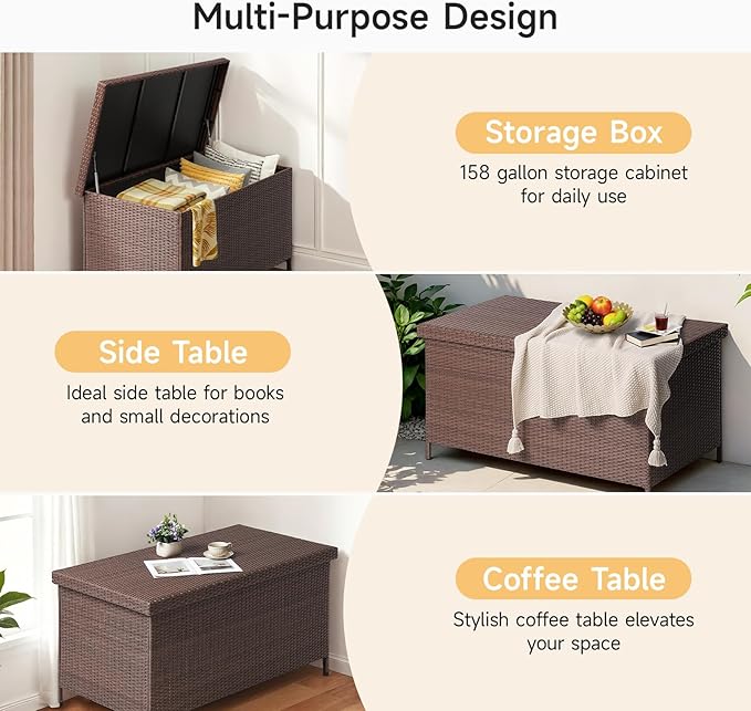 158 Gallon XL Deck Box with Lid, All Weather Wicker Outdoor Storage Box Waterproof, Large Outdoor Patio Storage Bin for Cushions, Garden Tools, Gears, Pool Accessories, Brown-Ruum Studio Home