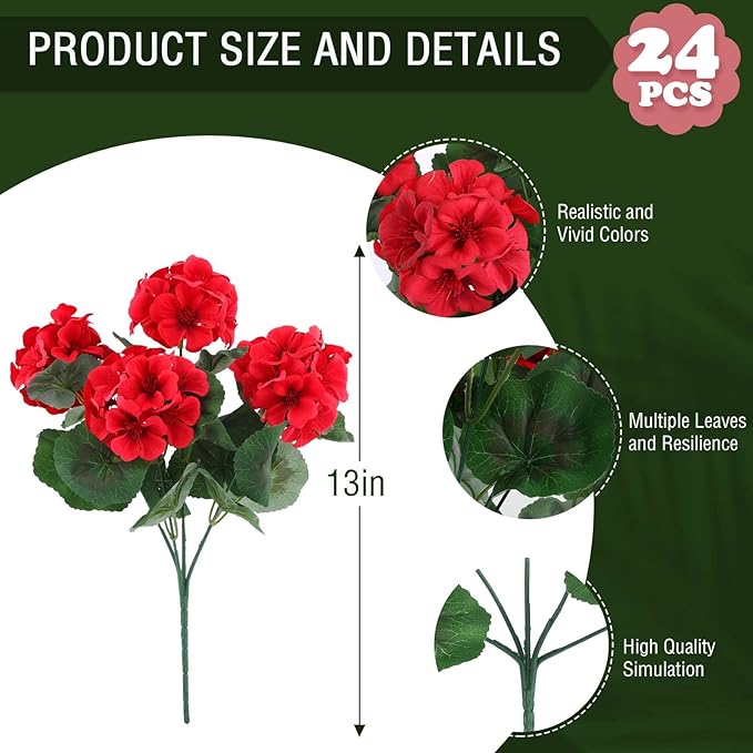 Hananona 24 Pcs Artificial Geranium Flowers for Outdoors Geranium Silk Flowers Outdoor UV Resistant Garden Plants Faux Flowers for Home Kitchen Table Centerpieces Decor (24, Red)-Ruum Studio Home