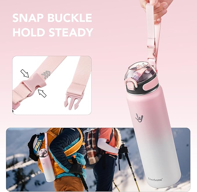 Enerbone 32 oz Insulated Water Bottle, Stainless Steel Bottle with Carrying Strap, Double-Wall Vacuum Insulation Design, Leakproof Sports Bottle with Straw, Keep Drinks Cold or Hot for Hours-Ruum Studio Home