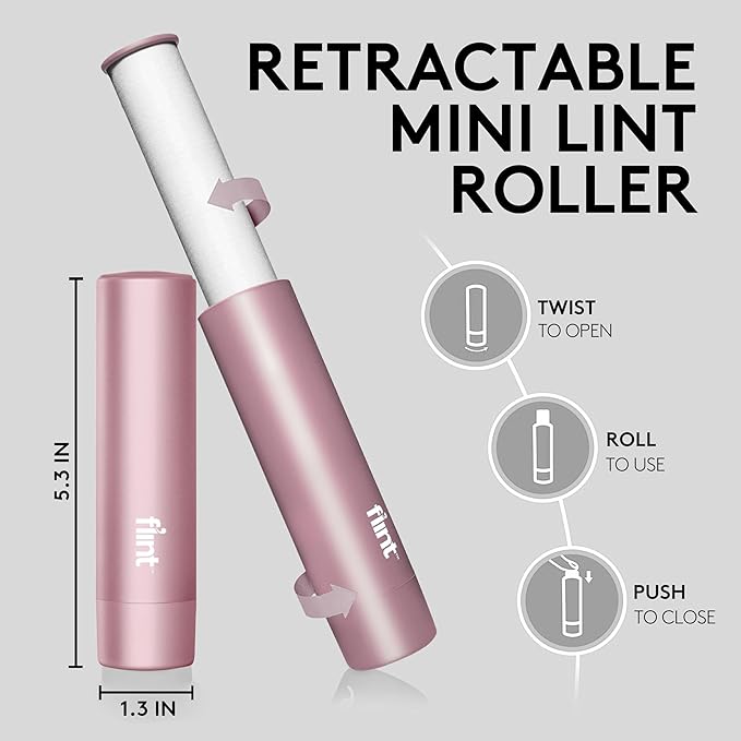 Flint Rose Gold Retractable Mini Lint Roller with 90 Extra Sticky Sheets, Small and Portable Lint Roller, Ideal Pet Hair Remover, Travel Lint Rollers for pet Hair Extra Sticky-Ruum Studio Home