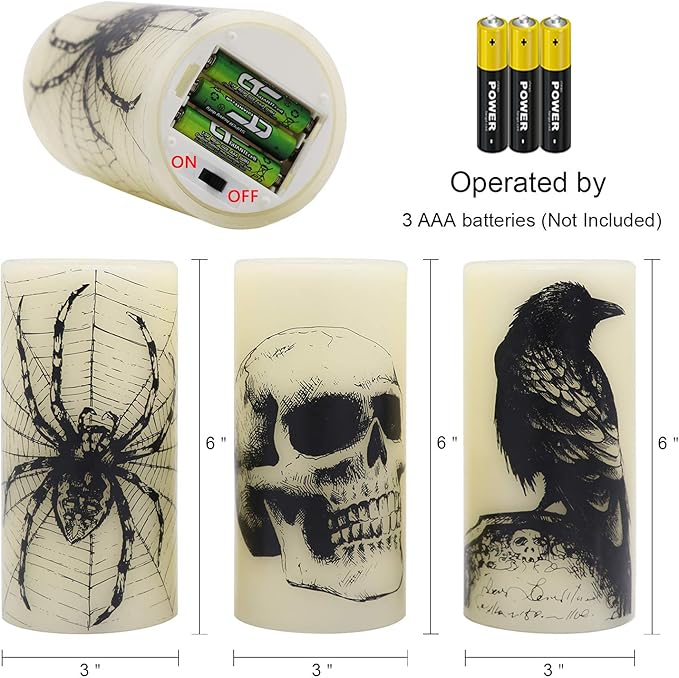 Wondise Halloween Flickering Flameless Candles with 6hrs Timer, Battery Operated LED Real Wax Candles Set of 3 Skull, Spider Web, Crow Raven Decals Halloween Home Decoration Gifts(3 x 3 x 6 Inch)-Ruum Studio Home