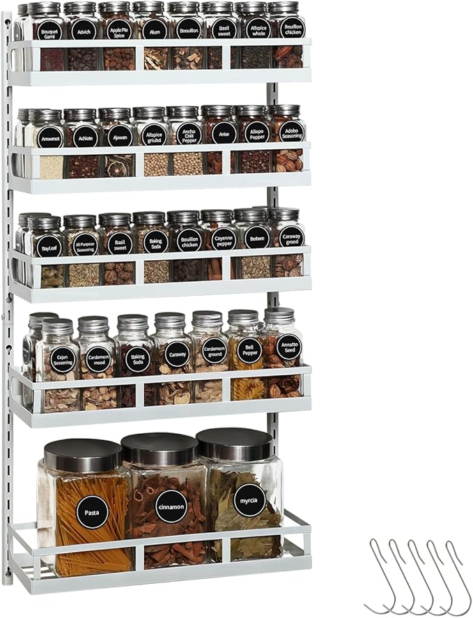 X-cosrack Wall Mount Spice Rack Organizer 5 Tier Height-Adjustable Hanging Spice Shelf Storage for Kitchen Pantry Cabinet Door, Dual-Use Seasoning Holder Rack with Hooks, White-Ruum Studio Home