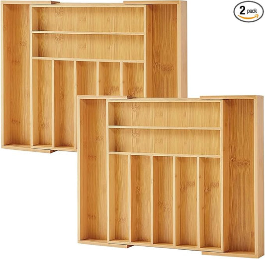 Bamboo Drawer Organizer, 2 Pack - Expandable Silverware Organizer & Utensil Drawer Organizer, Cutlery Tray with Dividers, 7-9 Slots- Premium Kitchen Organizer for Utensils & Flatware (Natural)-Ruum Studio Home