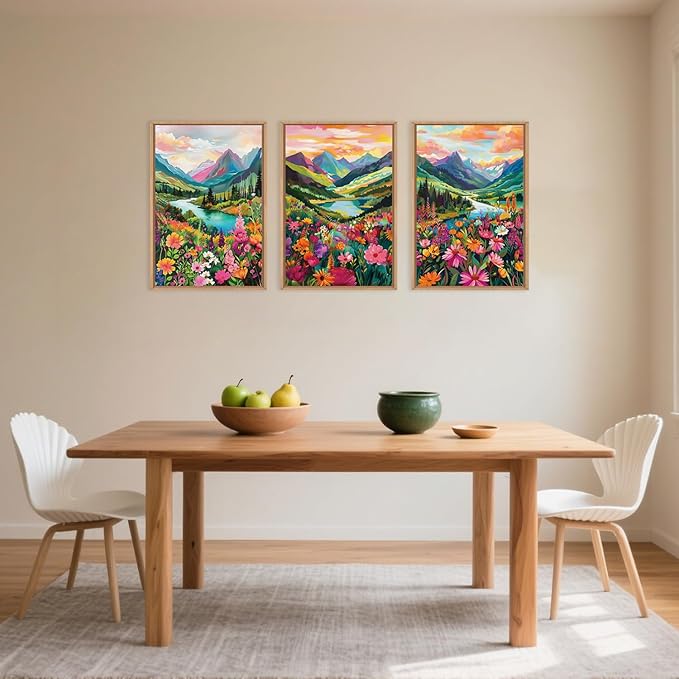 Wildflower Blossom Framed Canvas Wall Art Set, Colorful Flowers Painting, Abstract Landscape Wall Decor, Natural Ridge Floral Art Print for Living Room, Dining Room, Office - 16"x24"x3-Ruum Studio Home